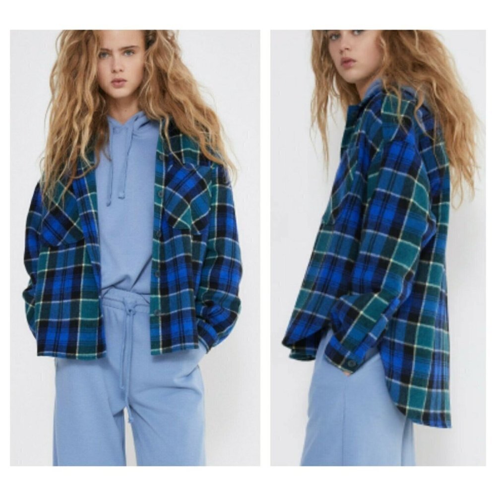 NWT Zara Women's Oversized Plaid Overshirt Top Wool Blend LS Made in Spain XS